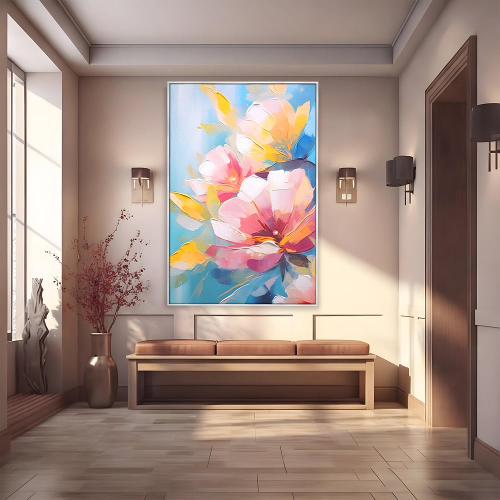 Tablou canvas cu tablou canvas cu flori roz, in rama de aluminiu argintiu